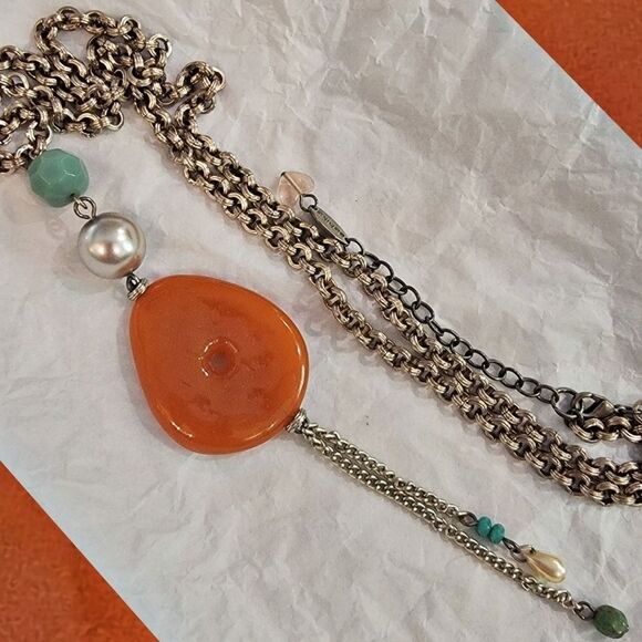 Sabika Jewelry - #Sabika 26" Long Medallion Drop Link Necklace #NWOT Orange Pearl Aqua Gold